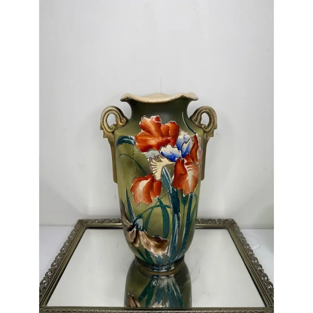 Stunning Large Antique Asian Handpainted Pottery Vase Ruffle Rim Handles Raised